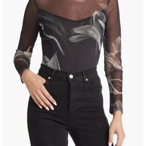 All Saints - Sheer Black Floral Mesh Long-Sleeve Bodysuit